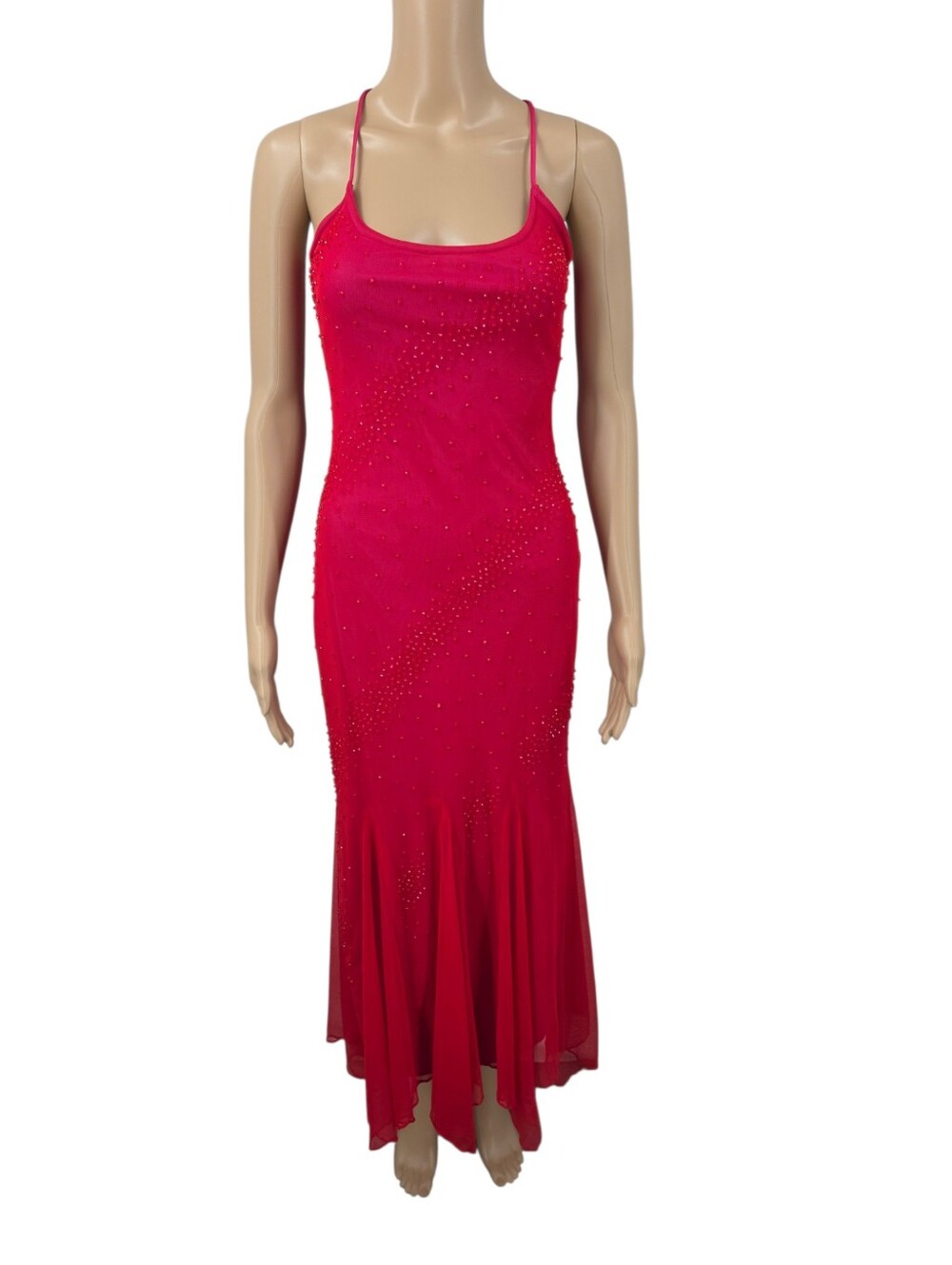 LA Glo Red & Fuschia Pink Beaded Slip Maxi Dress Formal Mermaid Hem Vintage Y2k